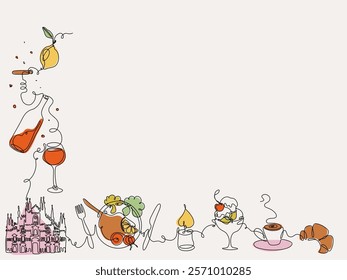 Food and drink theme line art style background. Horizontal still life with attributes of Italian dinner. Delicious dishes and drinks, candle, famous sightseeing. Hand drawn vector illustration.
