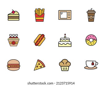 Food And Drink Thin Icon Set contains such icons Muffin, Pie, Pizza Slice, Hamburger, Donut, Wedding Pie, Tea, Hot Dog, Fried Potatoes