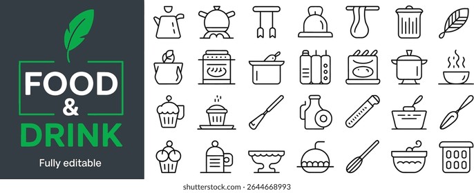 Food and drink thin line icon set for kitchen and restaurant