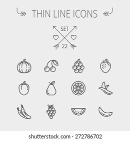 Icono de línea delgada de comida y bebida para web y móvil. El conjunto incluye: banana, sandía, cereza, calabaza, uvas, lanzones, guisantes, íconos de pera. Diseño moderno minimalista. Icono de gris oscuro del vector activado