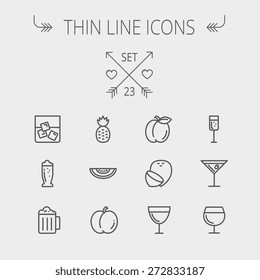 Food and drink thin line icon set for web and mobile. Set includes- pineapple, orange, ine, tequilla, beer, melon icons. Modern minimalistic flat design. Vector dark grey icon on light grey background