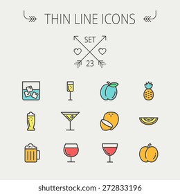 Food and drink thin line icon set for web and mobile. Set includess-pineapple, orange, ine, tequilla, beer, melon icons. Modern minimalistic flat design. Vector icon with dark grey outline and offset