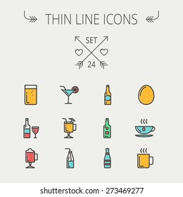 Food and drink thin line icon set for web and mobile. Set includes - soda, wine, whisky, coffee, hot choco, beer, ice tea, egg  icons. Modern minimalistic flat design. Vector icon with dark grey