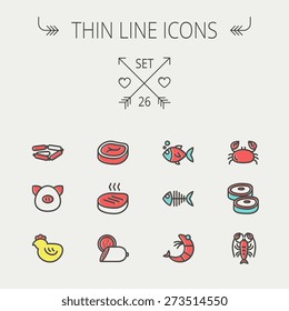 Food and drink thin line icon set for web and mobile. Set includes -steak, sausages, fish, crab, shrimp, lobster icons. Modern minimalistic flat design. Vector icon with dark grey outline and offset