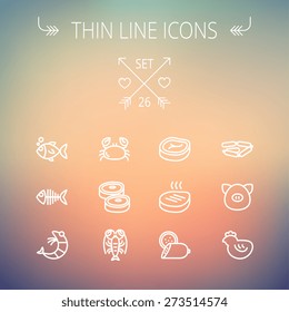 Food and drink thin line icon set for web and mobile. Set includes-steak, sausages, fish, crab, shrimp, lobster icons. Modern minimalistic flat design. Vector white icon on gradient mesh background.