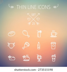 Food and drink thin line icon set for web and mobile. Set includes- coffee, soda, lime, juice, bread, poprk meat, chicken, cow, fried chicken  icons. Modern minimalistic flat design. Vector white icon