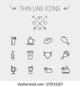 Food and drink thin line icon set for web and mobile. Set includes- coffee, soda, lime, juice, bread, poprk meat, chicken, cow, fried chicken icons. Modern minimalistic flat design. Vector dark grey