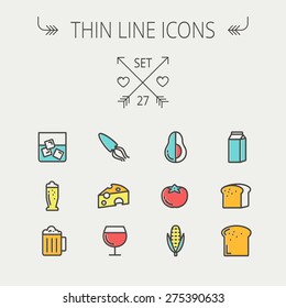 Food and drink thin line icon set for web and mobile. Set includes - fresh milk, bread, cheese, squid icons. Modern minimalistic flat design. Vector icon with dark grey outline and offset colour on