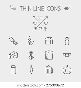 Food and drink thin line icon set for web and mobile. Set includes- fresh milk, bread, cheese, squid icons. Modern minimalistic flat design. Vector dark grey icon on light grey background.