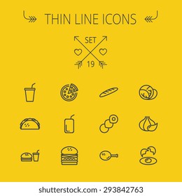 Food and drink thin line icon set for web and mobile. Set includes- onion, egg, chicken, meal set, soda, burger, taco icons. Modern minimalistic flat design. Vector dark grey icon on yellow background