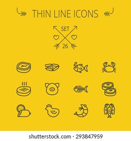 Food and drink thin line icon set for web and mobile. Set includes- steak, sausages, fish, crab, shrimp, lobster icons. Modern minimalistic flat design. Vector dark grey icon on yellow background.