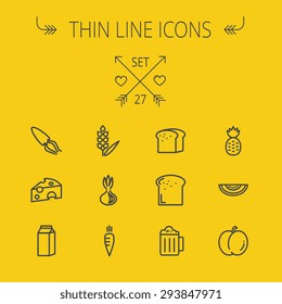 Food and drink thin line icon set for web and mobile. Set includes- fresh milk, bread, cheese, squid, carrots, pineapple, beer, melon icons. Modern minimalistic flat design. Vector dark grey icon on