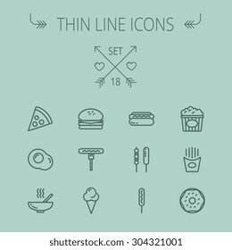 Food and drink thin line icon set for web and mobile. Set includes- pie, hotdog, egg, popcorn, ice cream, french fries cookies icons. Modern minimalistic flat design. Vector dark grey icon on grey