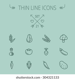 Food and drink thin line icon set for web and mobile. Set includes- cauliflower, carrots, potato,corn, eggplant, tomato, onion, avocado icons. Modern minimalistic flat design. Vector dark grey icon on