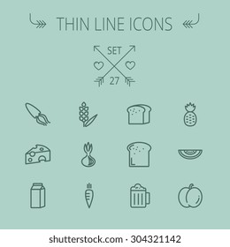 Food and drink thin line icon set for web and mobile. Set includes- fresh milk, bread, cheese, squid, carrots, pineapple, beer, melon icons. Modern minimalistic flat design. Vector dark grey icon on