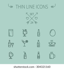 Food and drink thin line icon set for web and mobile. Set includes- coffee, soda, lime, egg, bottle, cocktail drink, glass, wine glass icons. Modern minimalistic flat design. Vector dark grey icon on