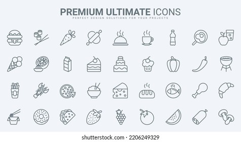 Food and drink thin line icons set vector illustration. Outline meal collection for restaurant and cafe menu, coffee with cake or donut, sushi and noodles, healthy vegetable or pizza and chicken