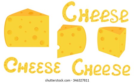 Food and drink vector background with cheese slices and handwritten words "Cheese". You can use any color of background