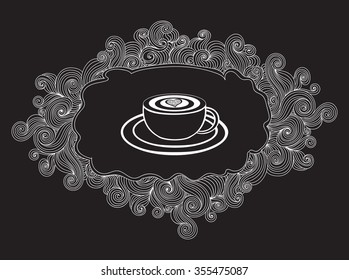 Food and drink vector background with coffee cup inside of beautiful curling frame, drawn with chalk on grey board