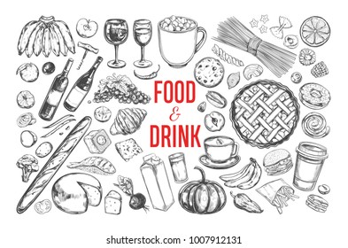 Food and Drink vector big set. Isolated objects in sketch style.