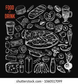 Food and Drink vector big set. Isolated objects, icons in sketch style.
