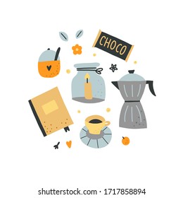 Food and drink vector clipart. Cozy home lifestyle objects isolated on white background. Hygge illustration set with coffee, book and candle