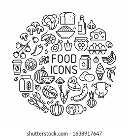 Food and drink vector icons circle concept. Meat, vegetables, fruits, dairy products, sweets background.