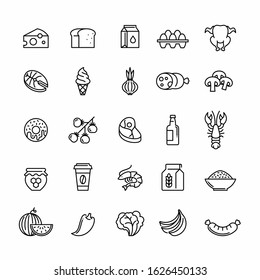 Food and drink vector icons set. Meat, vegetables and dairy products illustration.