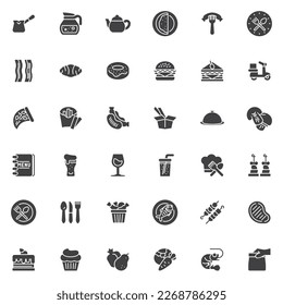 Juego de iconos vectoriales de comida y bebida, colección moderna de símbolos sólidos, paquete de pictogramas estilo relleno. Señales, ilustración del logotipo. El juego incluye íconos como café, marisco, cena, desayuno, postre, verduras