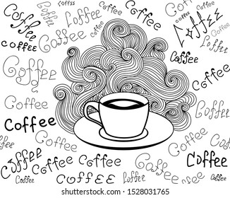Food and drink vector seamless backgound with coffee cup and handwritten words "Coffee". Endless beverage texture