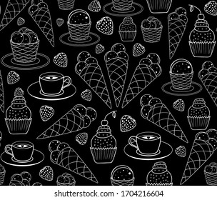 Food and drink vector seamless pattern with hand drawn desserts, ice-cream cones and cookies, drinks, sweets, cakes