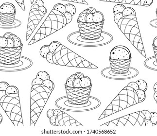 Food and drink vector seamless pattern with ice cream cones and desserts