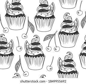 Food and drink vector seamless pattern with hand drawn with pencil muffins and cherries