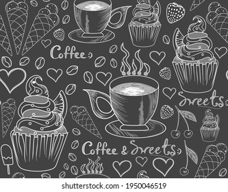 Food and drink vector seamless pattern with coffee cups, baked muffins and the text "Sweets and coffee"