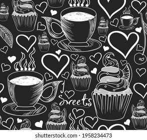 Food and drink vector seamless pattern with coffee cups, baked muffins and the text "I love sweets"