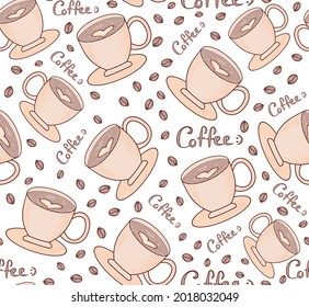 Food and drink vector seamless pattern with hot coffee cups, beans and the words "Coffee"