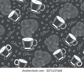 Vector de alimentos y bebidas sin fisuras con tazas de café con aroma figurado
