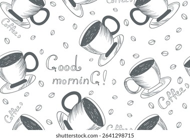 Food and drink vector seamless pattern with hand drawn coffee cups
