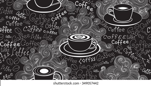 Food and drink vector seamless pattern with various coffee cups and words "Coffee" handwritten by chalk on grey board. Endless food vector texture