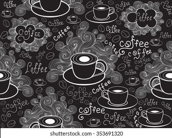 Food and drink vector seamless pattern with coffee cup and words "Coffee" handwritten by chalk on grey board. Endless food vector texture