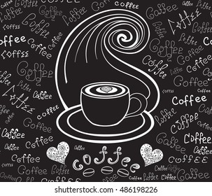 Food and drink vector seamless pattern with coffee cup, hot smoke and words "Coffee" handwritten by chalk on grey board. Endless beverage texture