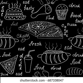 Food and drink vector seamless pattern with food - hamburgers, sandwiches, hot dogs and handwritten words. You can use any color of background