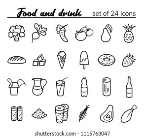 Food and drink. Vector set of 24 outline icons