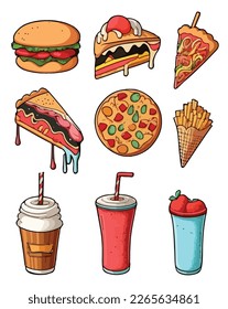 Juego de vectores de comida y bebida. Hamburguesa, bocadillos y pizzas de colección. 