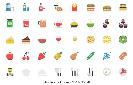Food, drink and vegetable flat icon set