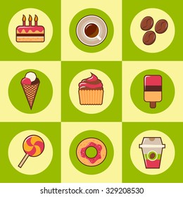 Food and drink vintage icons.Vector illustration.Muted color icons on a green yellow square background.Cake,coffee cup and beans,ice cream,donut,lollipop retro labels for bar,cafe,bistro,pastry menu