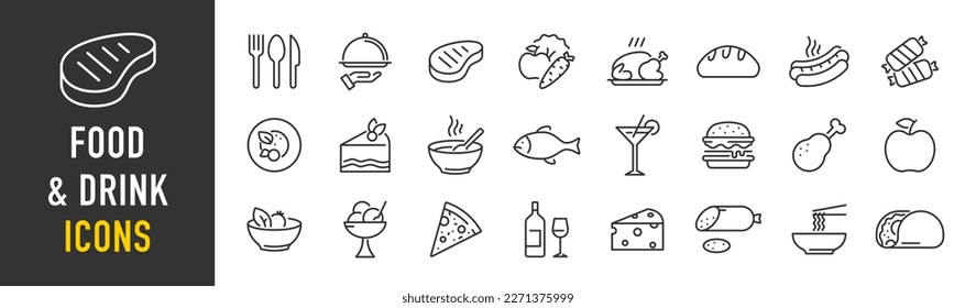 Food and Drink web icon set in line style. Meal, restaurant, dishes, fruits, fastfood, burger, pizza, coffee, sandwich, collection. Vector illustration.