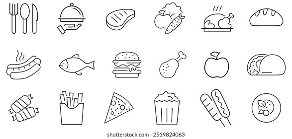 Food and Drink web icon set in line style. Meal, restaurant, dishes, fruits, fastfood,burger, pizza, coffee, sandwich, collection. Vector illustration.