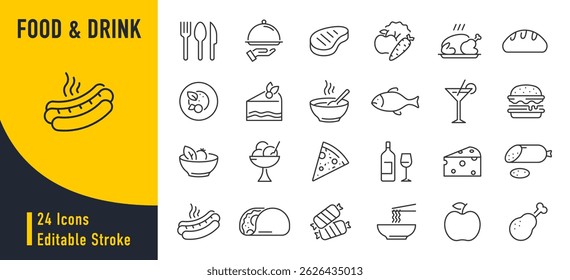 Food and Drink web icon set in line style. Meal, restaurant, dishes, fruits, fastfood, burger, pizza, coffee, sandwich, collection. Vector illustration.	