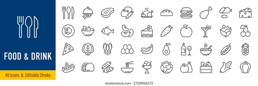 Essen und Trinken Web-Symbol im Linienstil gesetzt. Mahlzeit, Restaurant, Gerichte, Obst, Fastfood, Burger, Pizza, Kaffee, Sandwich, Sammlung. Bearbeitbarer Strich. Vektorgrafik.	